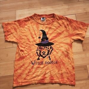 "Witch Doodle" Orange Tie Dye Labradoodle Golden Doodle Halloween Tee  Girl's S